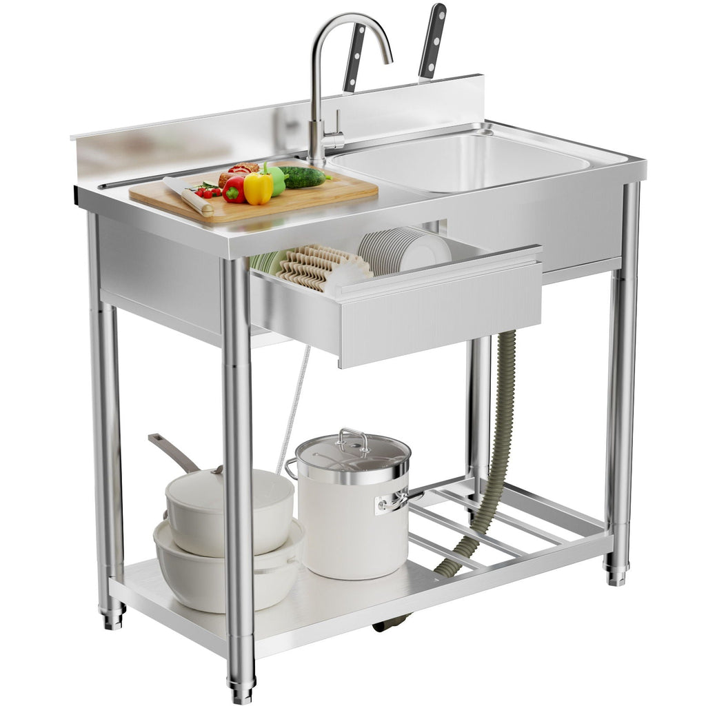 Stainless Steel Outdoor Utility Sink with Workbench & 360° Faucet - Silver