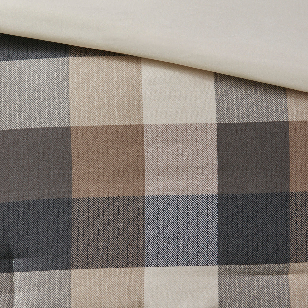 Herringbone Comforter Set with Buffalo Plaid - King, Neutral, 7 Piece