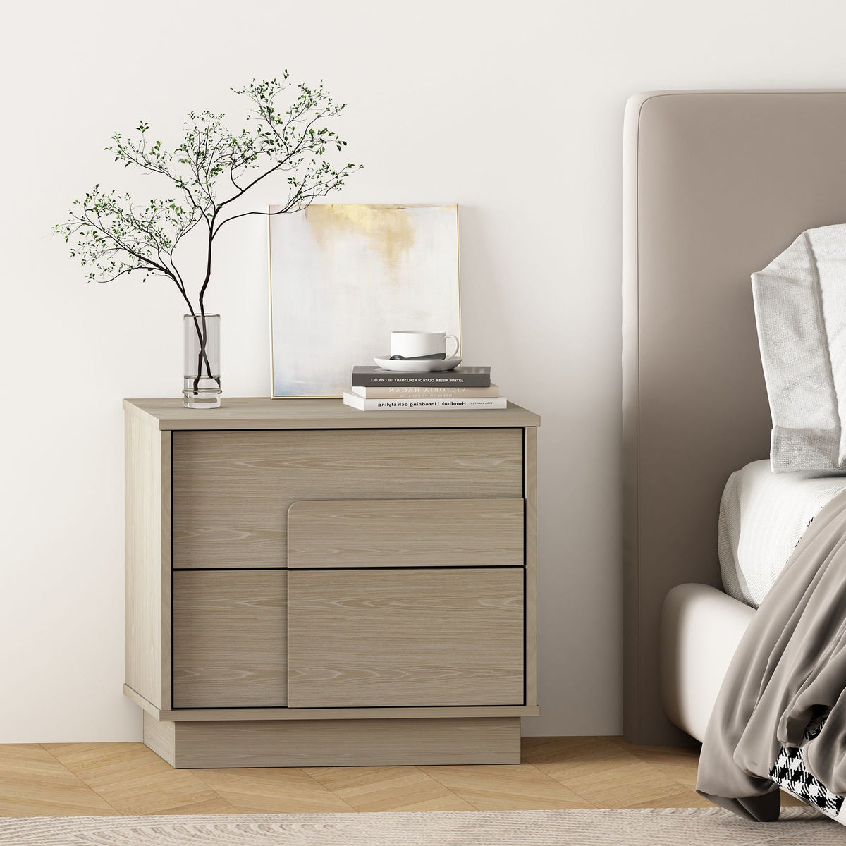 Modern Nightstand with Push to Open Drawers - Dark Gray, Dark Brown, or Light Brown