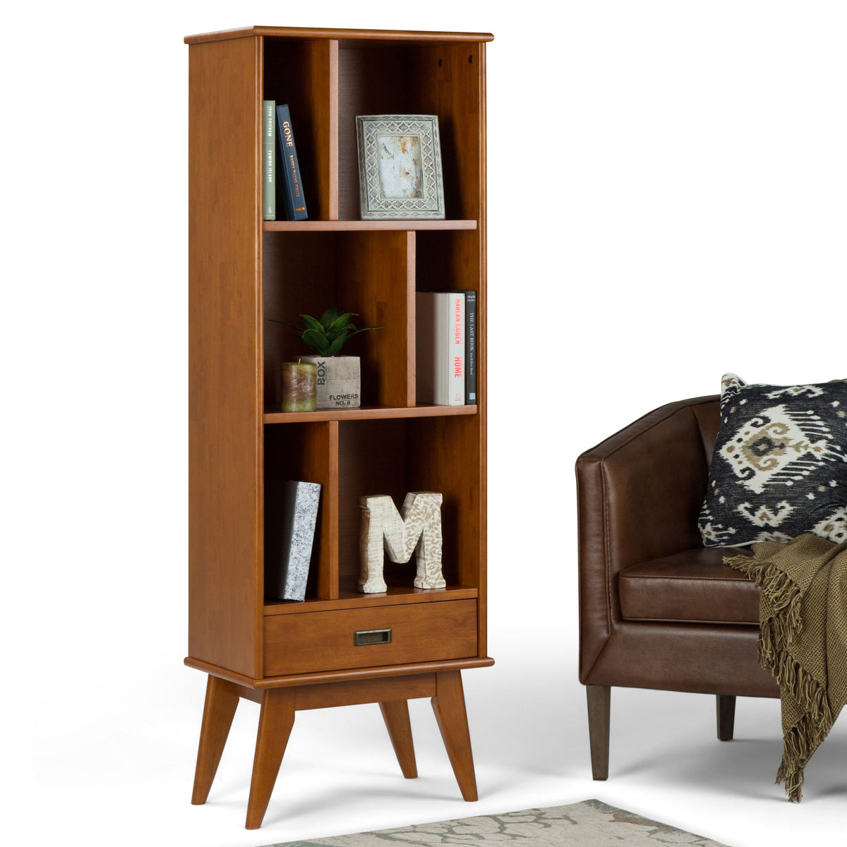 Mid Century Wide Bookcase with Storage Drawers - Multiple Colors