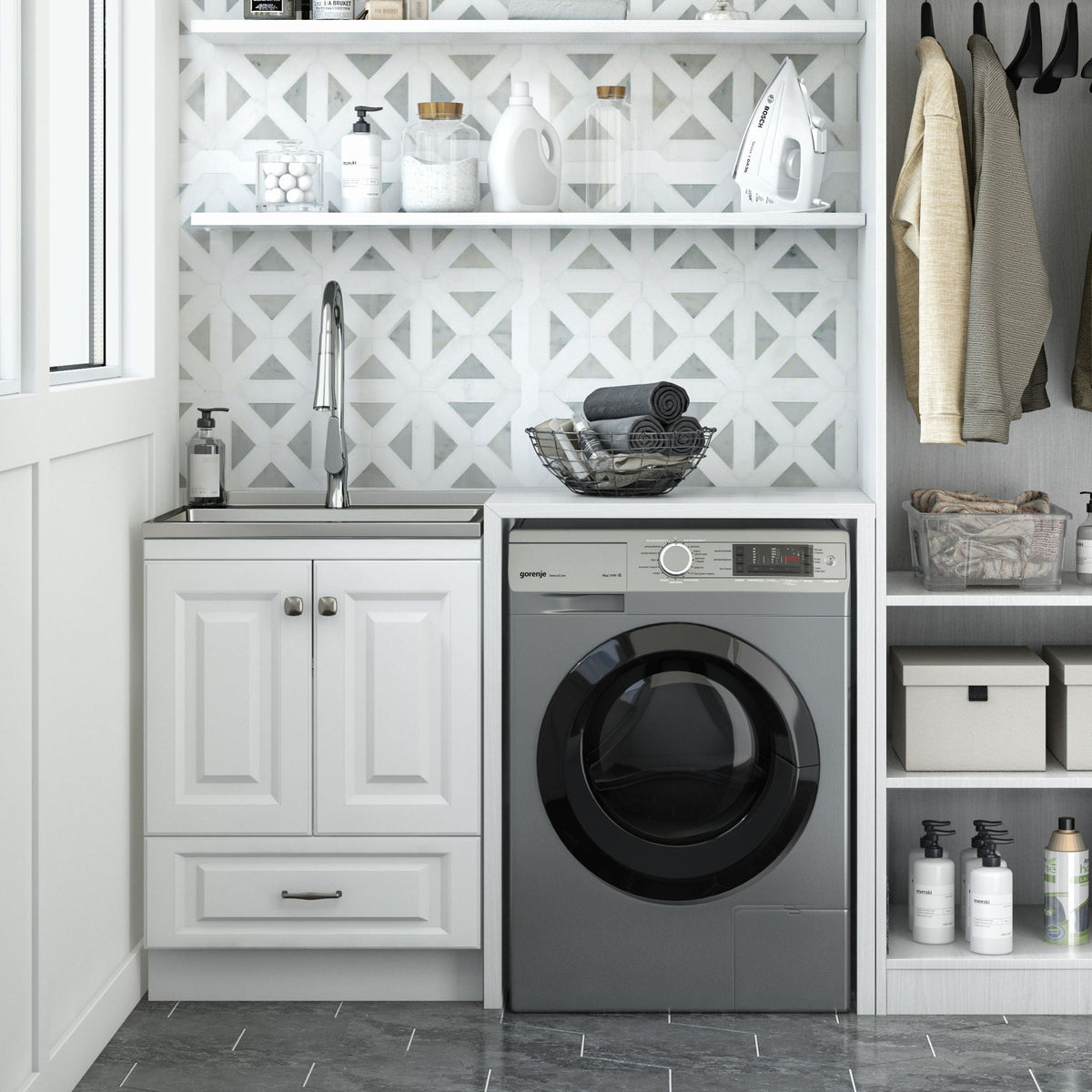 White Laundry Cabinet with Stainless Steel Sink and Pull-Out Faucet