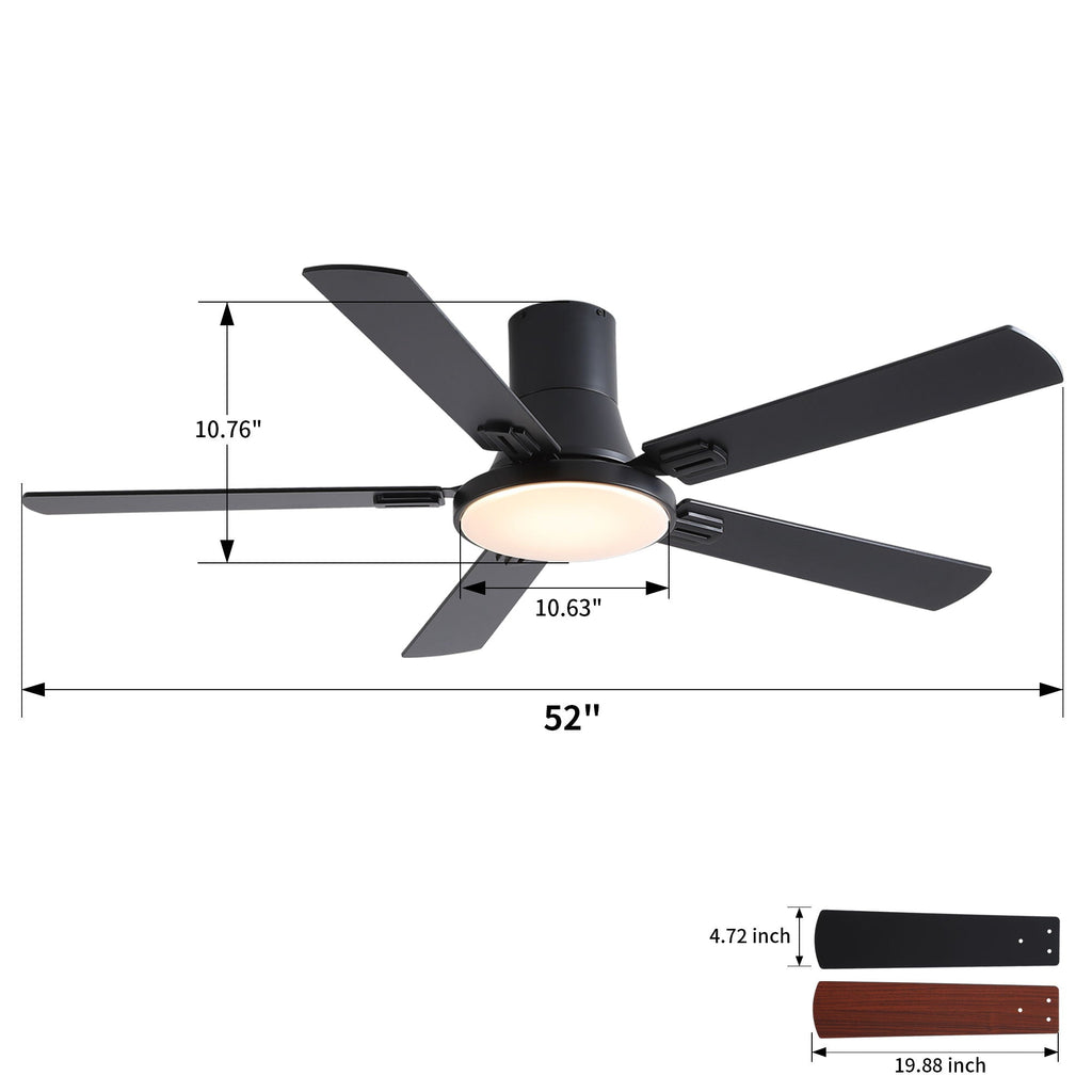 Flush Mount Ceiling Fan with LED Light and Remote Control - Black, White, Pearl Silver