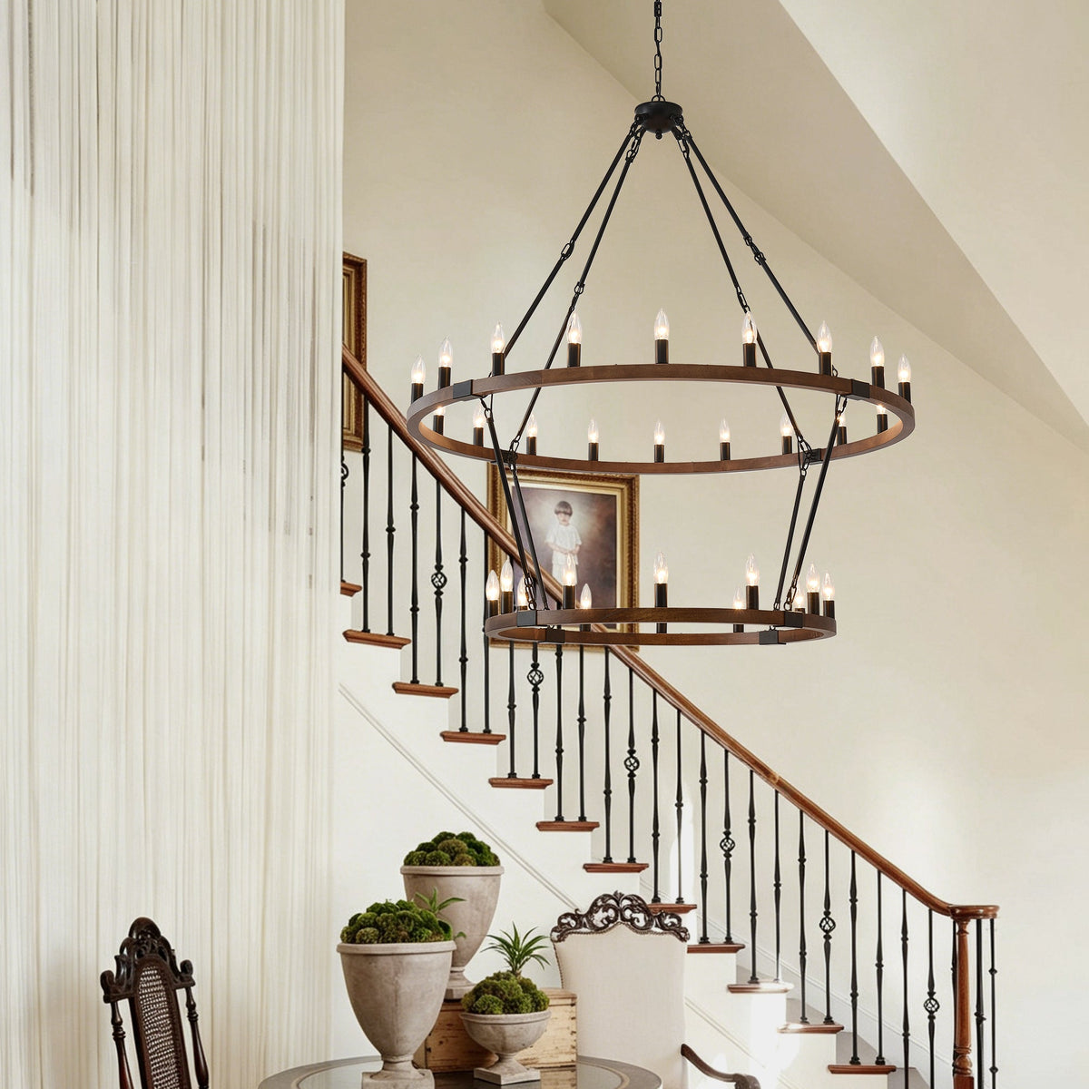 Large Solid Wood Wagon Wheel Chandelier with 2-Tier 32 Lights