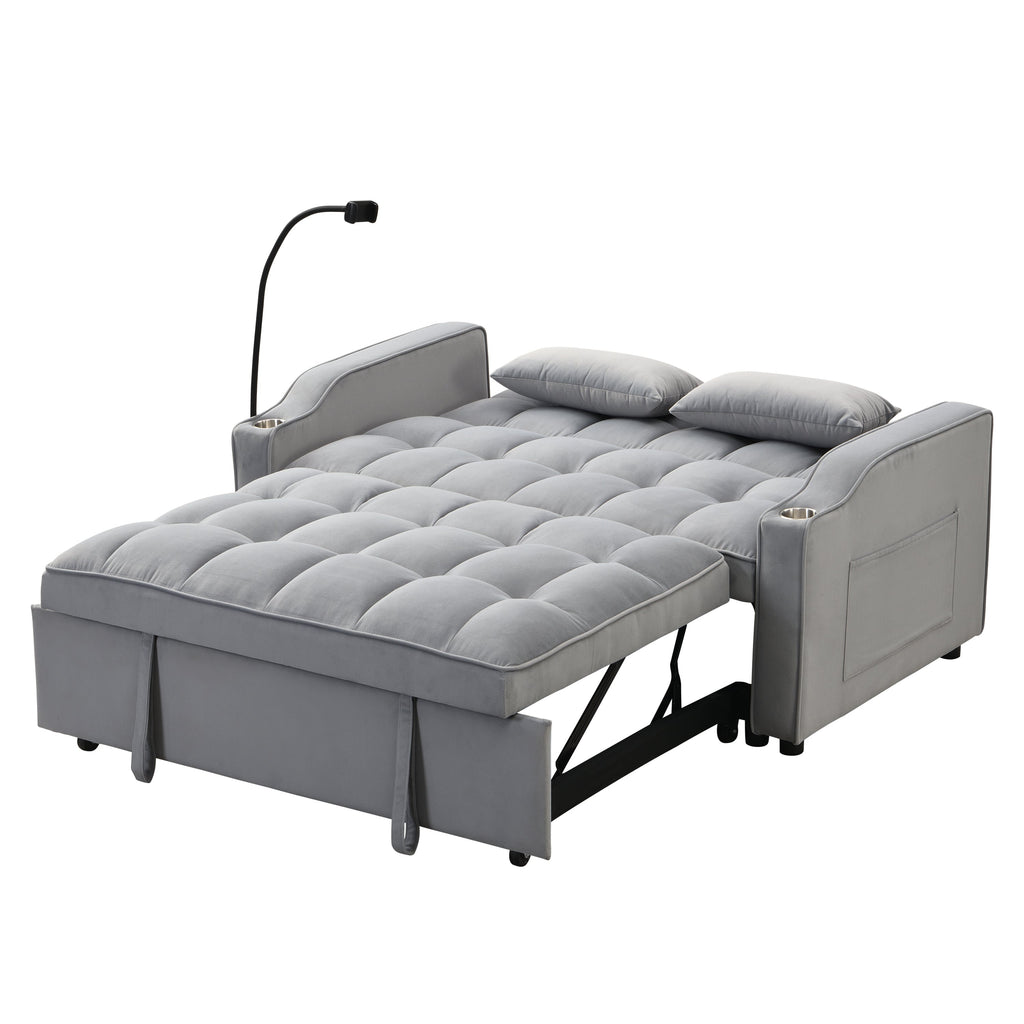 Modern Velvet Sleeper Loveseat with Pullout Bed and USB Ports - Light Gray