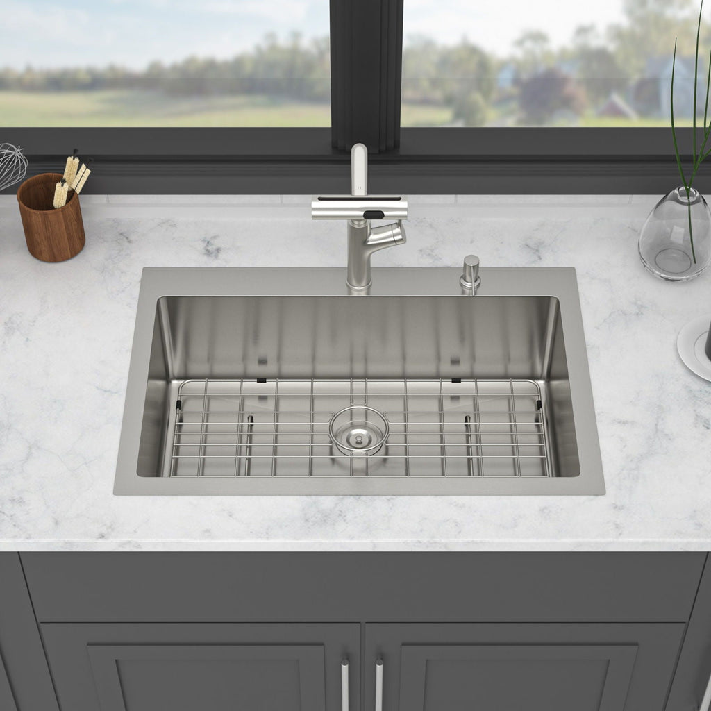 Brushed Nickel Drop-In Kitchen Sink with Pull-Out Faucet and Soap Dispenser - Gray