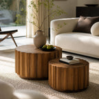 Round Nesting Coffee Table Set of 2 with Vertical Slatted Design - Walnut Brown or Natural Wood