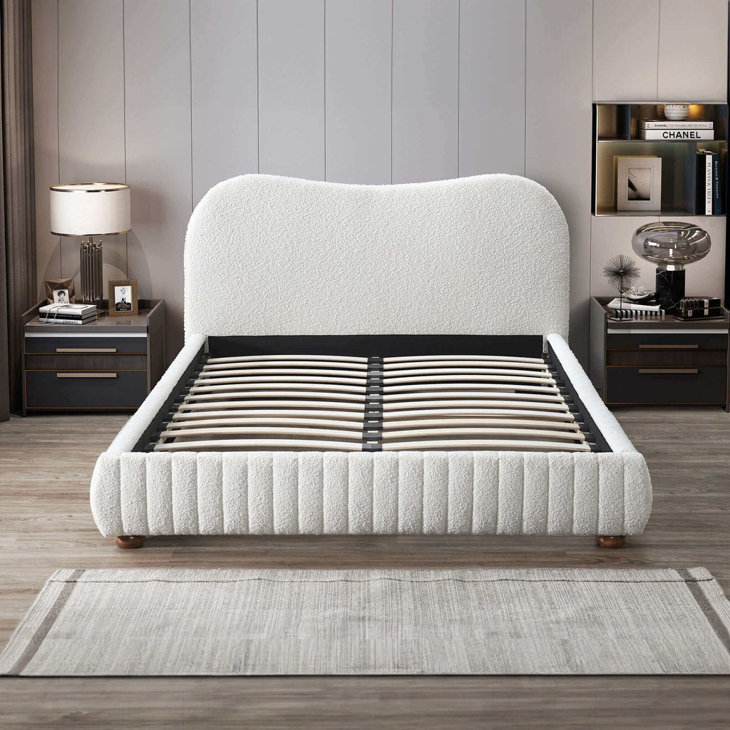 Queen Size Upholstered Low Profile Platform Bed with Boucle Fabric – Cream