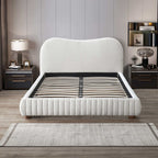 Queen Size Upholstered Low Profile Platform Bed with Boucle Fabric – Cream