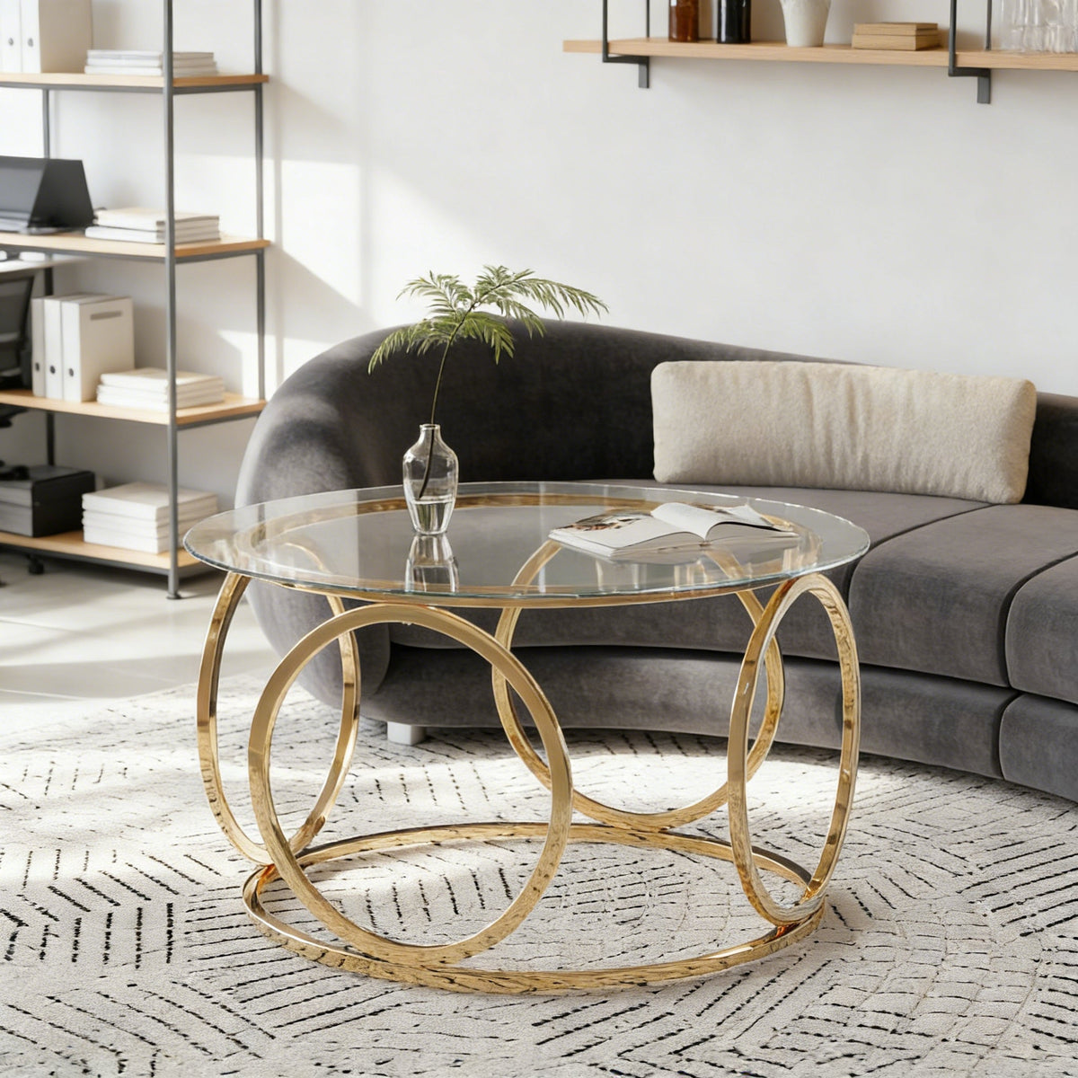 Modern Round Glass Top Coffee Table with Metal Frame - Gold