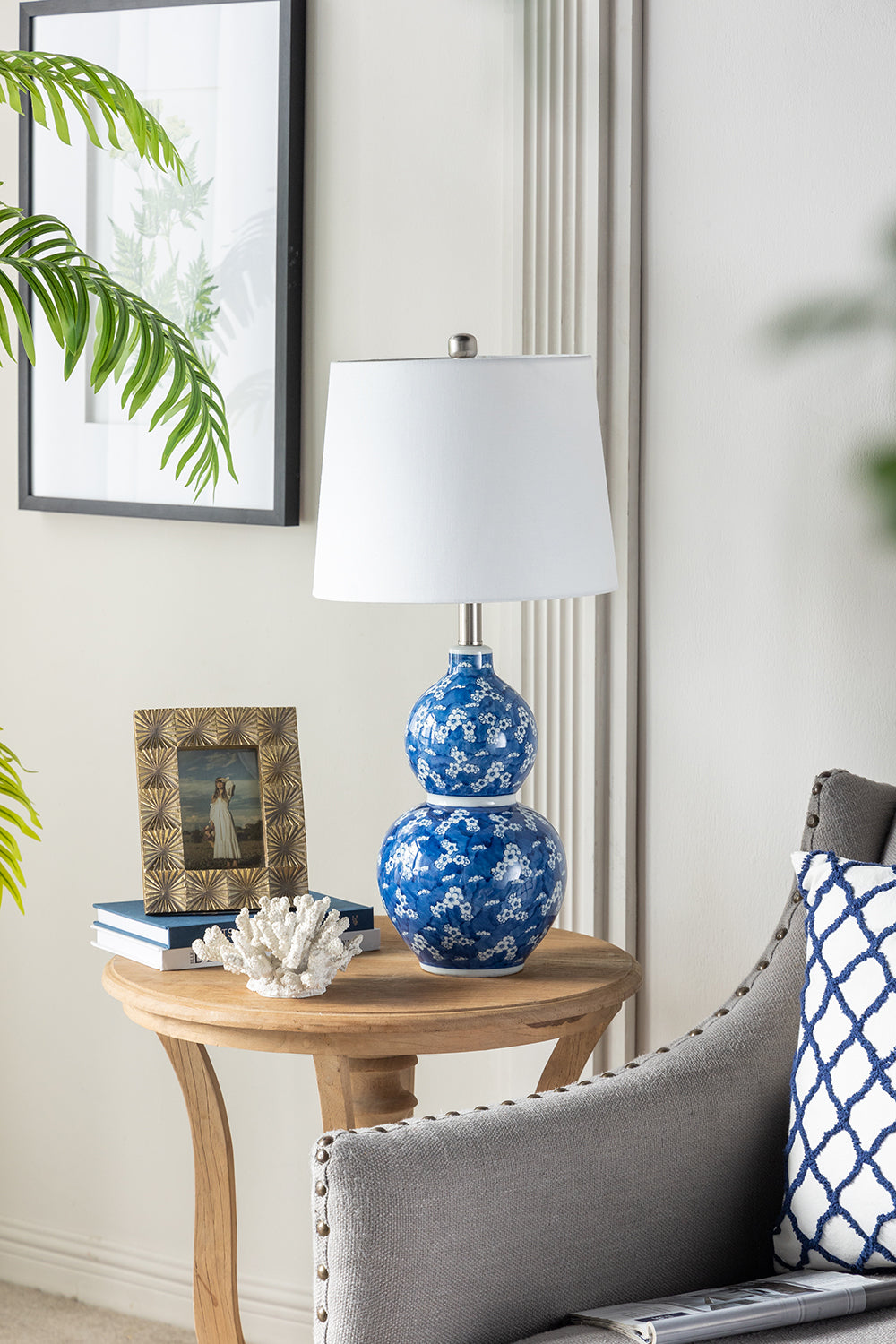 Blue and White Ceramic Vase Table Lamp with White Linen Shade - 25.7" High