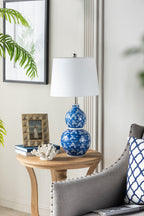 Blue and White Ceramic Vase Table Lamp with White Linen Shade - 25.7" High