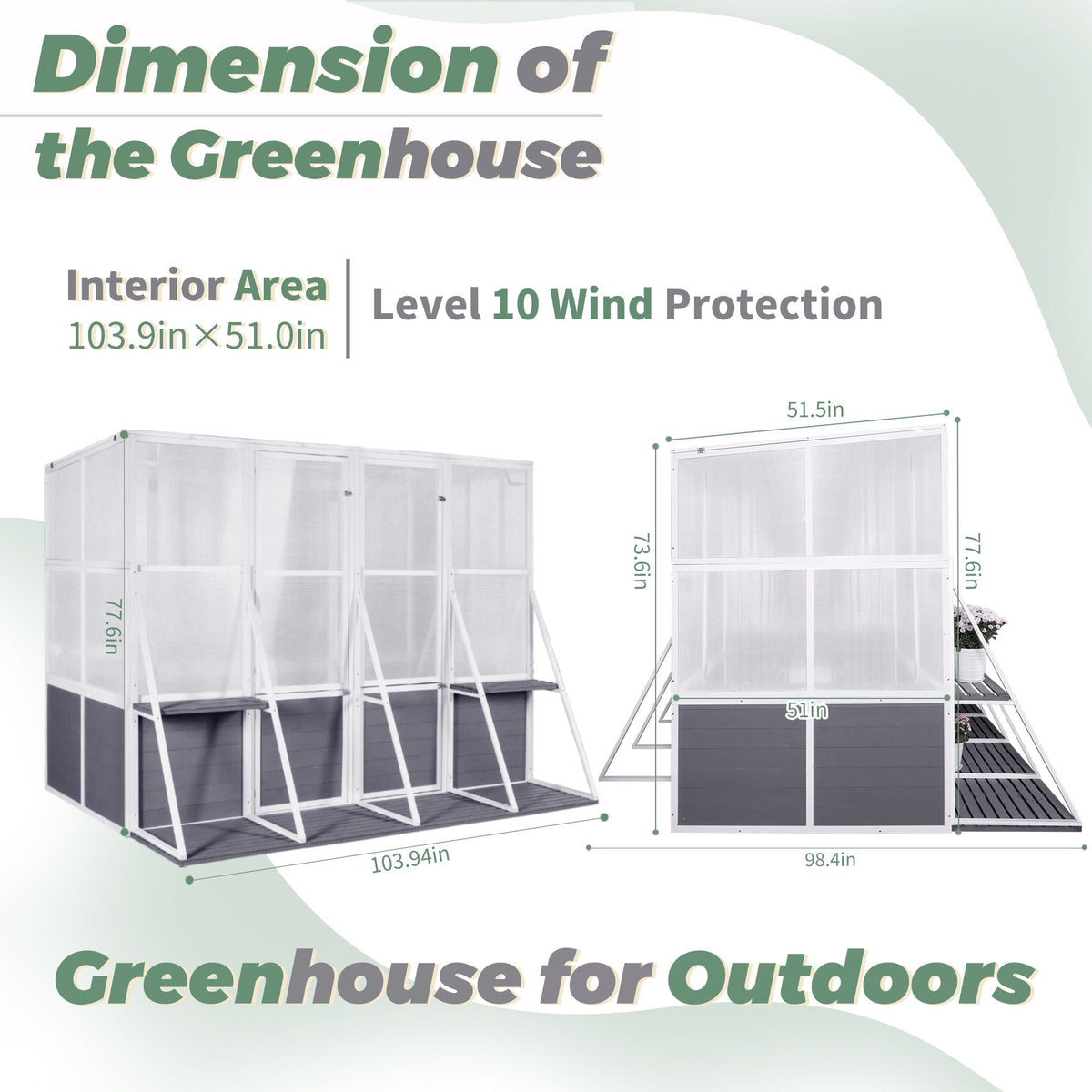Wooden Lean To Greenhouse with Walk-In Design - White / Gray