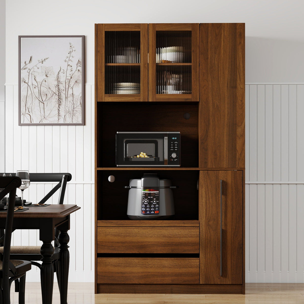 Tall Kitchen Pantry Cabinet with 4 Tier Side Shelf - Walnut