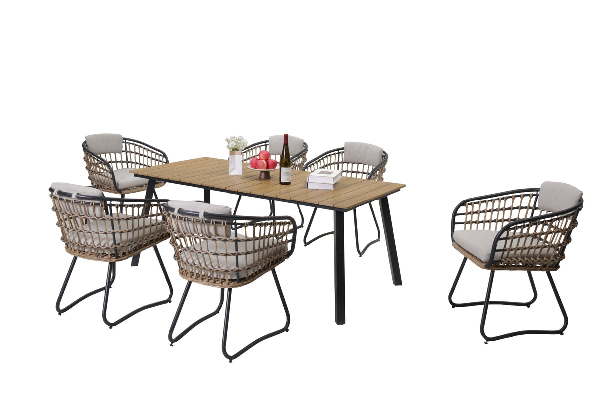 7-Piece Outdoor Wicker Dining Set with Wood-Plastic Composite Table - Yellow