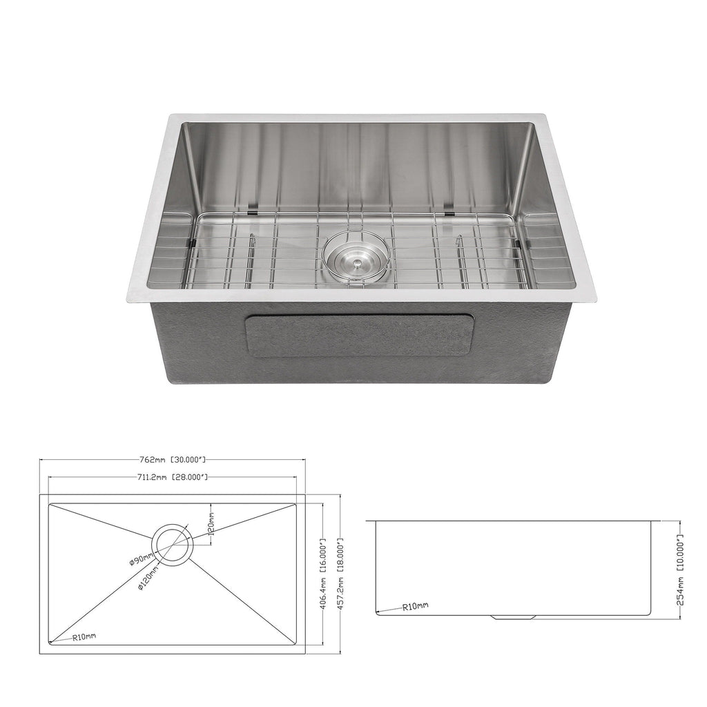Modern Undermount Stainless Steel Kitchen Sink 16 Gauge, Deep Single Bowl - Gray