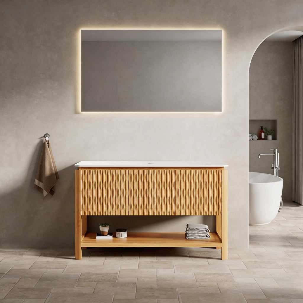 Sharma 48" Freestanding Cabinet with 3 Doors & Open Shelf - Carrara