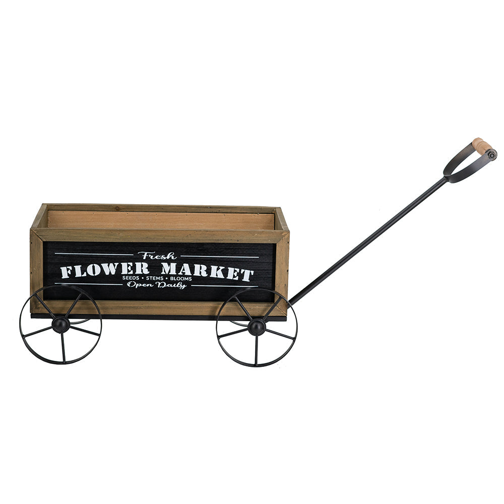 Rustic Wooden Wagon Planter with Metal Wheels - Brown Black