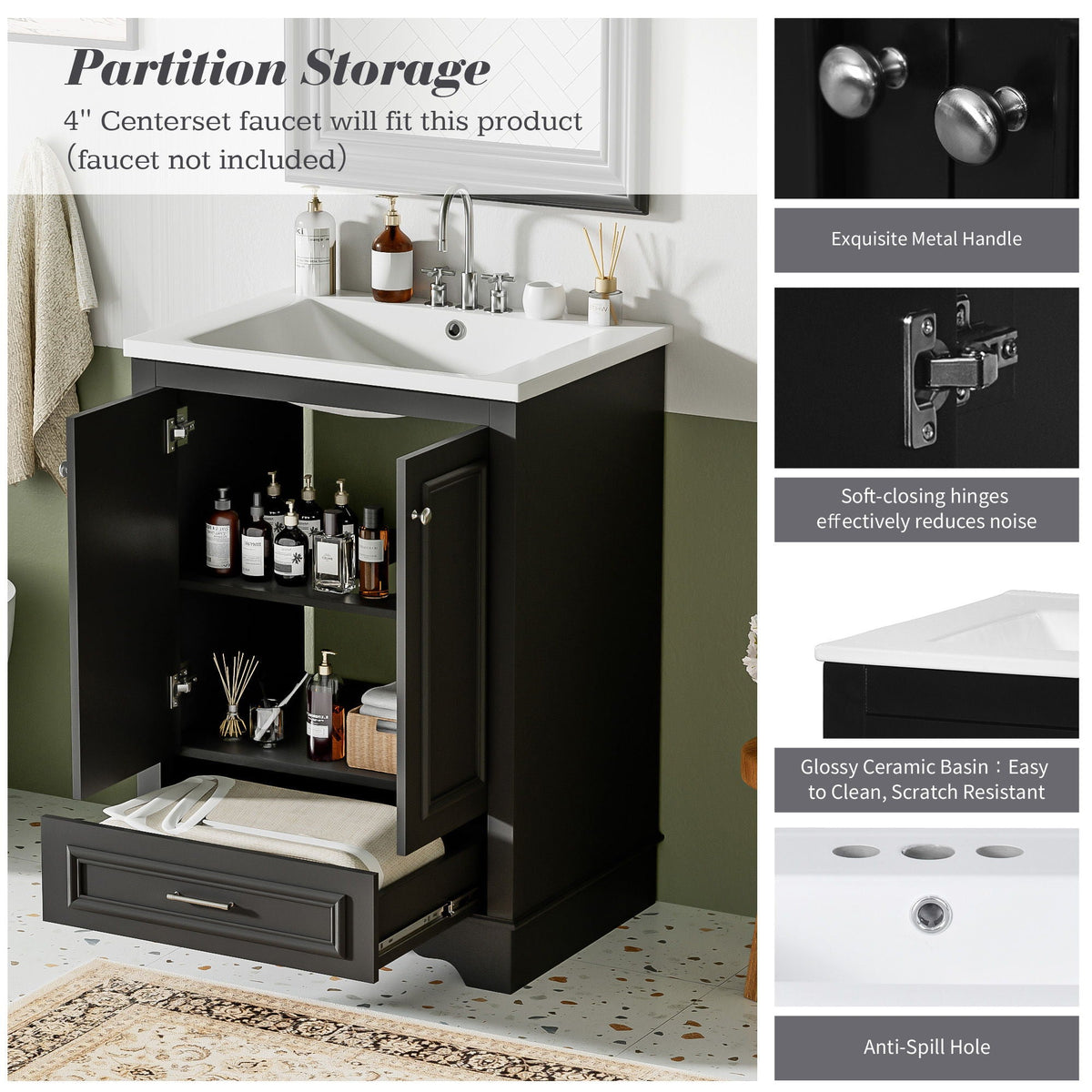 Modern Bathroom Vanity with Ceramic Sink Combo and Storage Cabinet - Multiple Colors