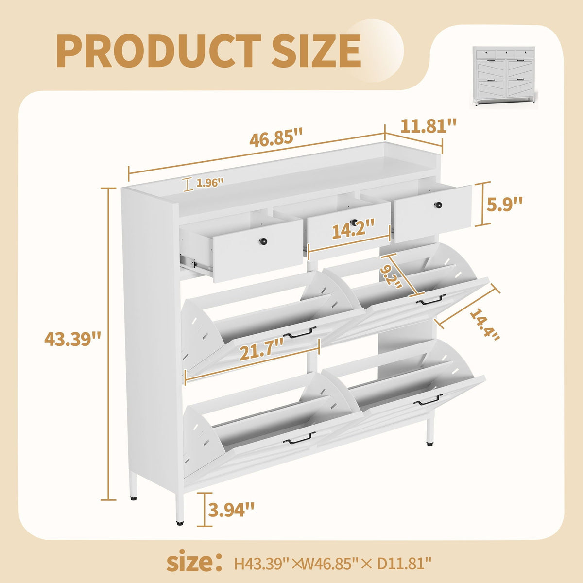 White Steel Shoe Cabinet with Flip Drawers - Adjustable Dividers