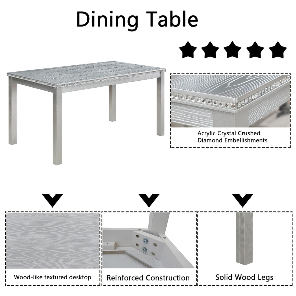 Dining Table Set with Crystal Decoration and Upholstered Chairs - Gray or White