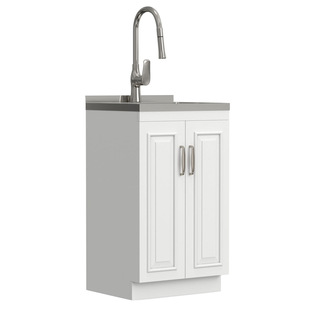 Deluxe Laundry Cabinet with Pull-Out Faucet and Stainless Steel Sink - White