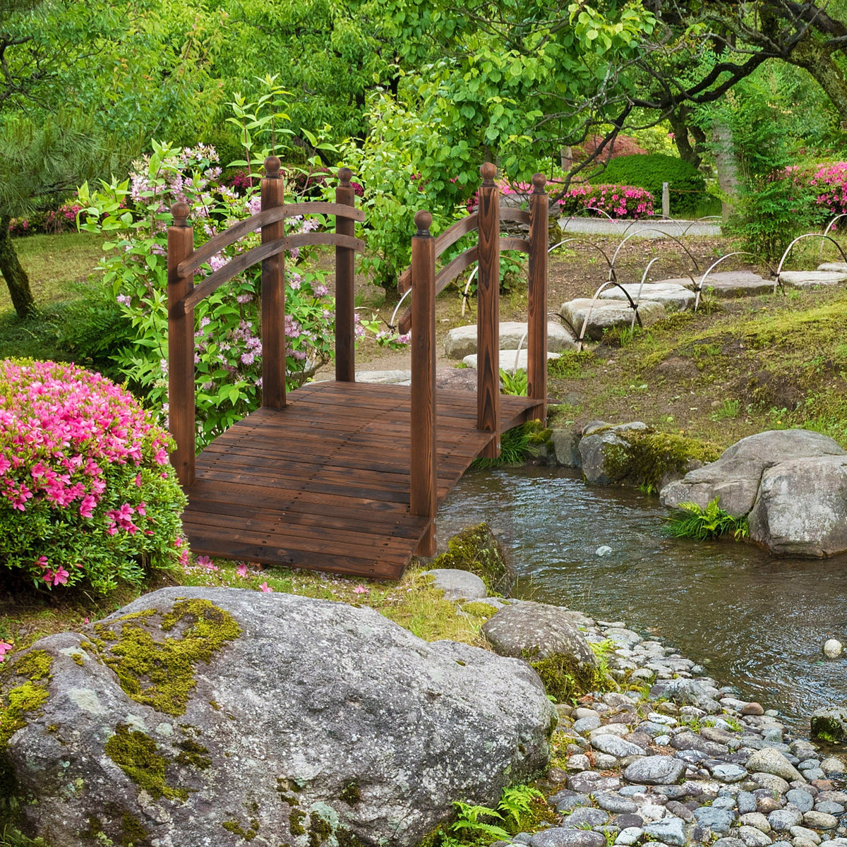 Fir Wood Garden Bridge Arc Walkway with Side Railings - Brown