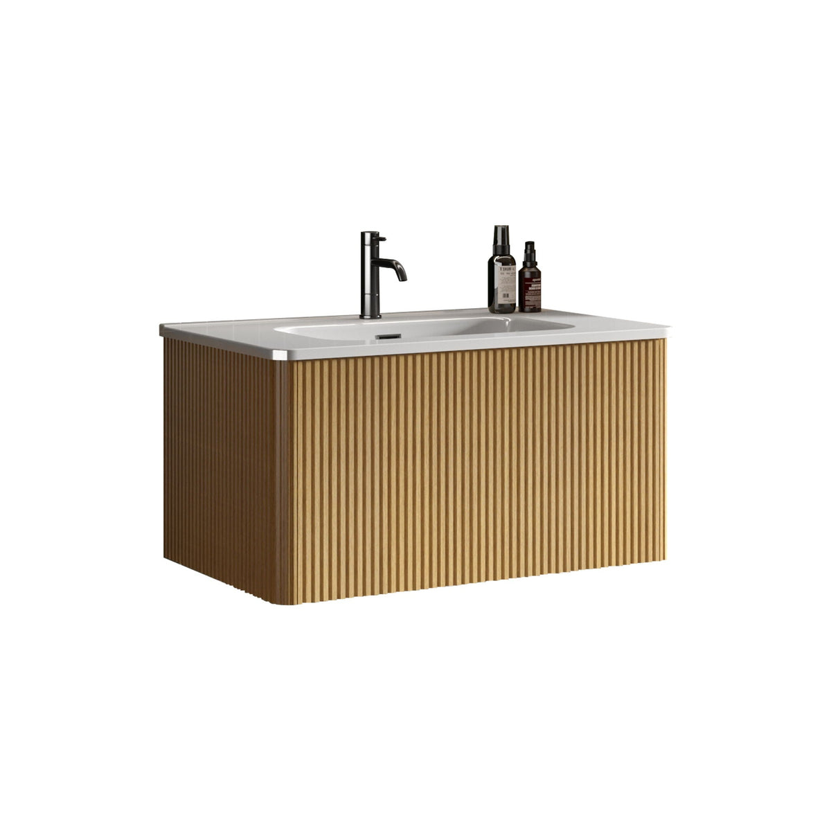 Striped Bathroom Vanity with Ceramic Sink - Wall Mounted, Floating, Curved Safety Edges