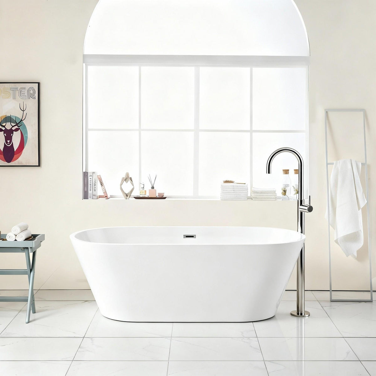 Gloss Freestanding Soaking Bathtub with Overflow and Drain - White