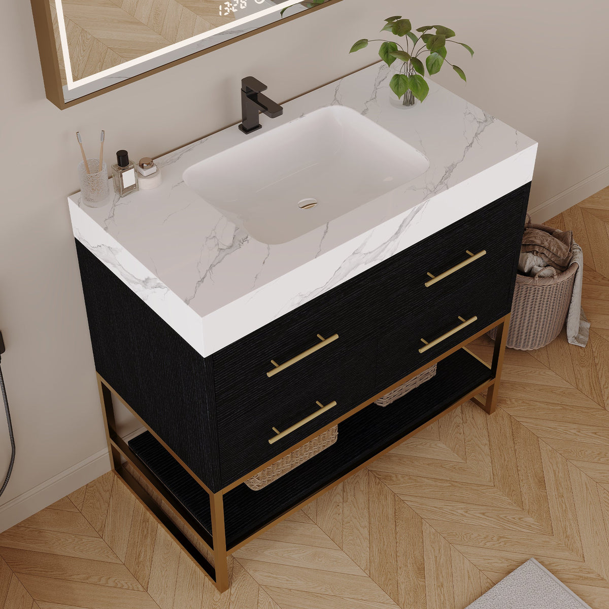 36" Artificial Stone Bathroom Vanity with Ceramic Sink - Black/White