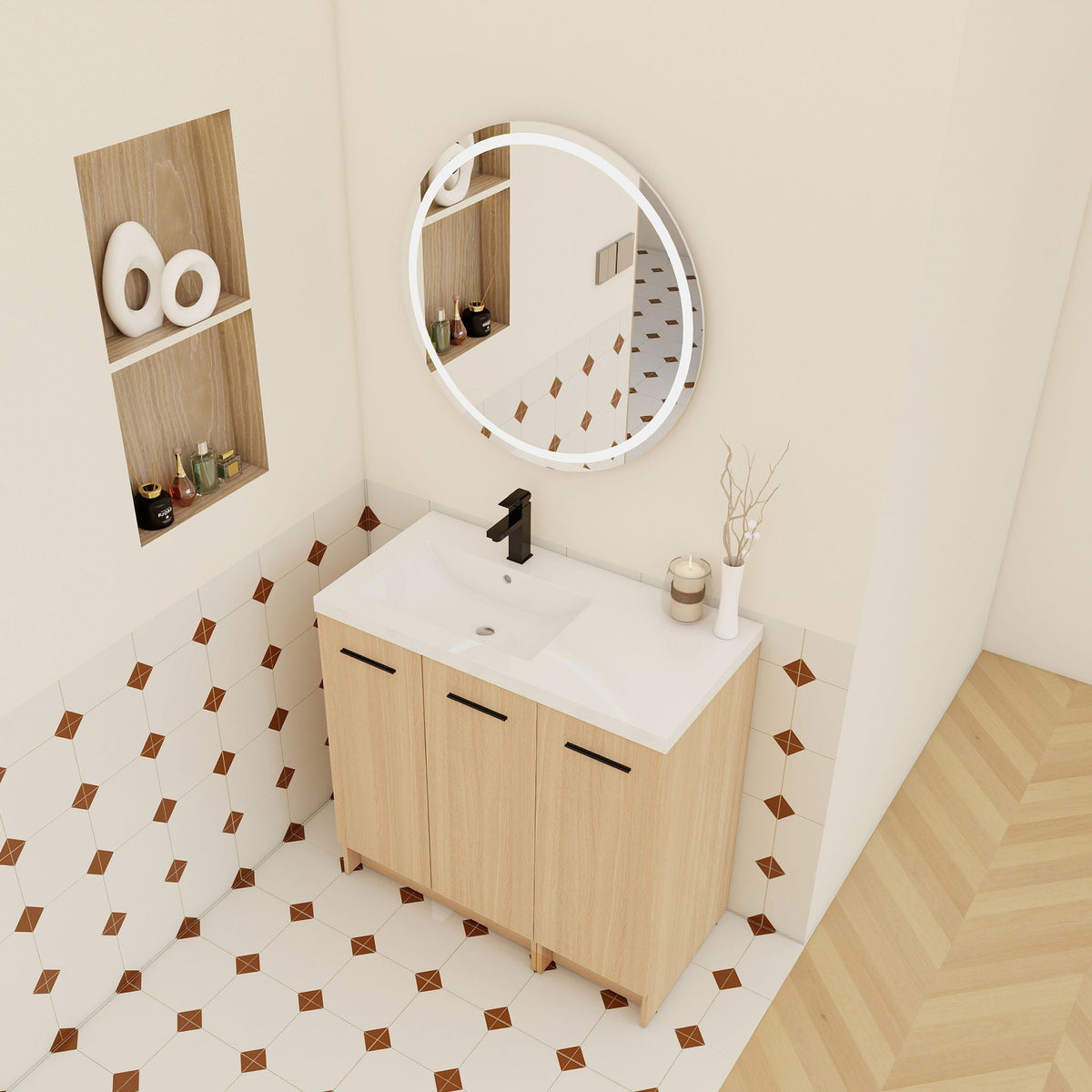 Wall Mounted Floating Bathroom Vanity with Modular 3-Door Cabinet - Light Brown