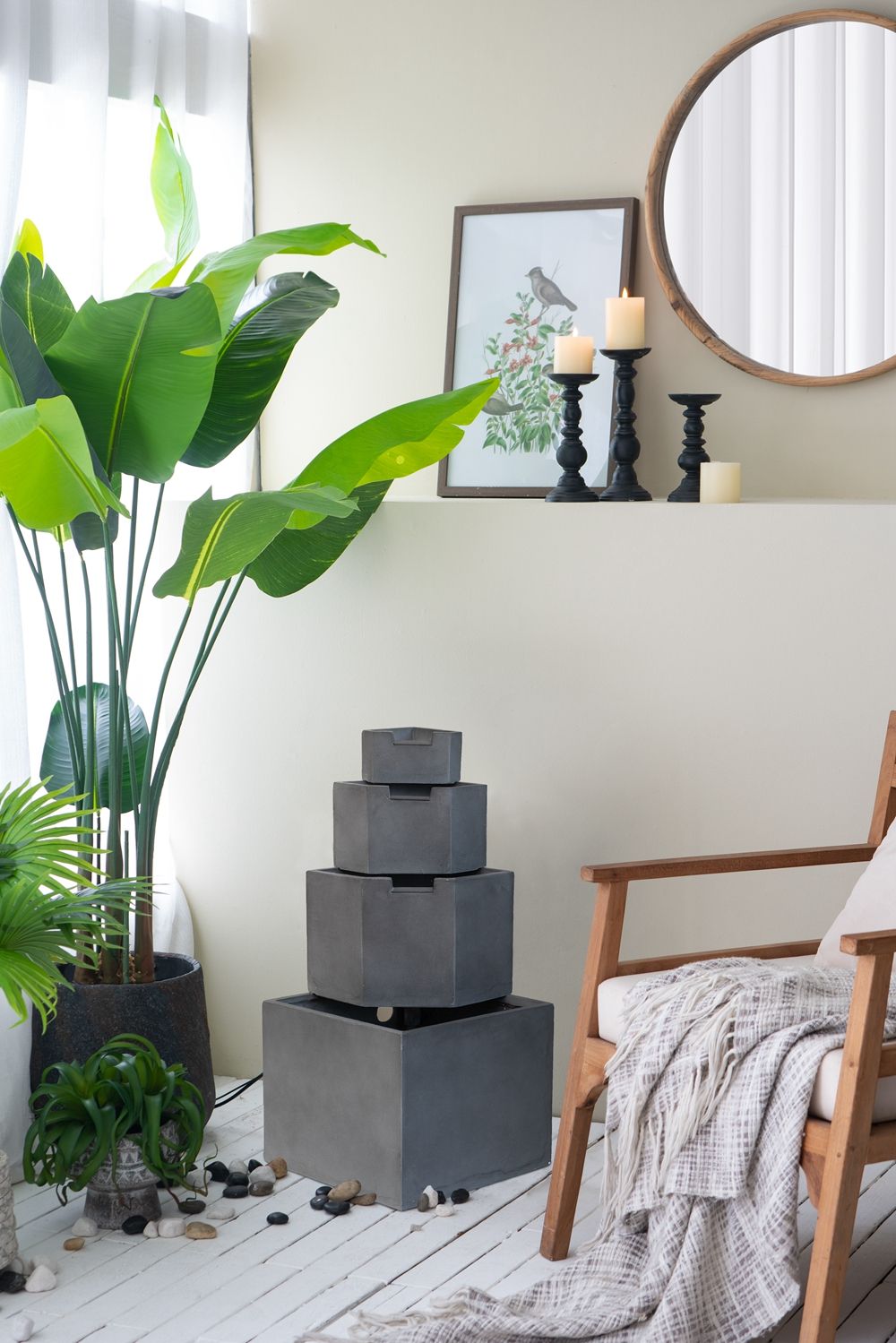 Cement 4 Tier Block Water Fountain with Modern Design - Gray