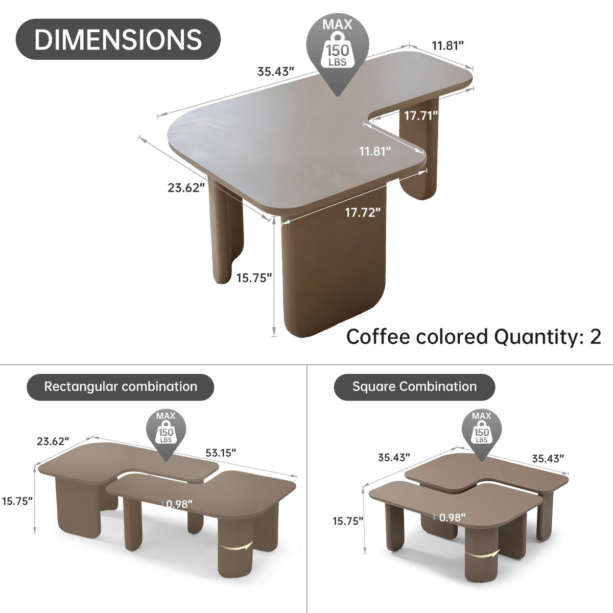 L-Shape Coffee Table with Modular Nesting Design - White or Dark Brown