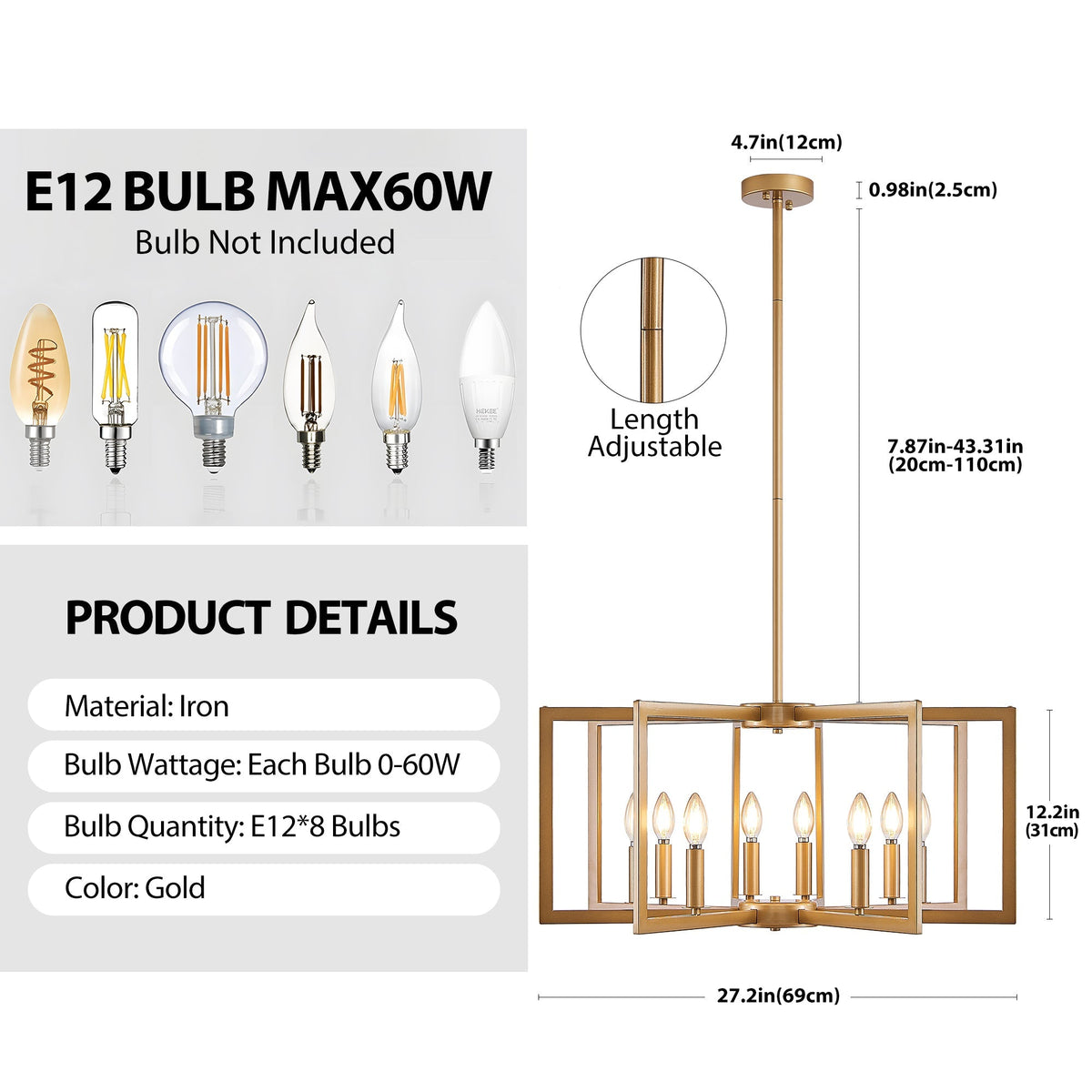 Modern Golden Geometric 8-Light Chandelier with Adjustable Suspension - Gold
