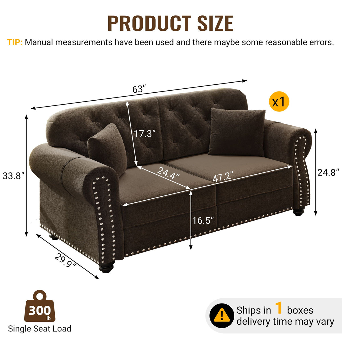 Upholstered Chesterfield Sofa with Nailhead Trim and Rolled Armrests - Fabric
