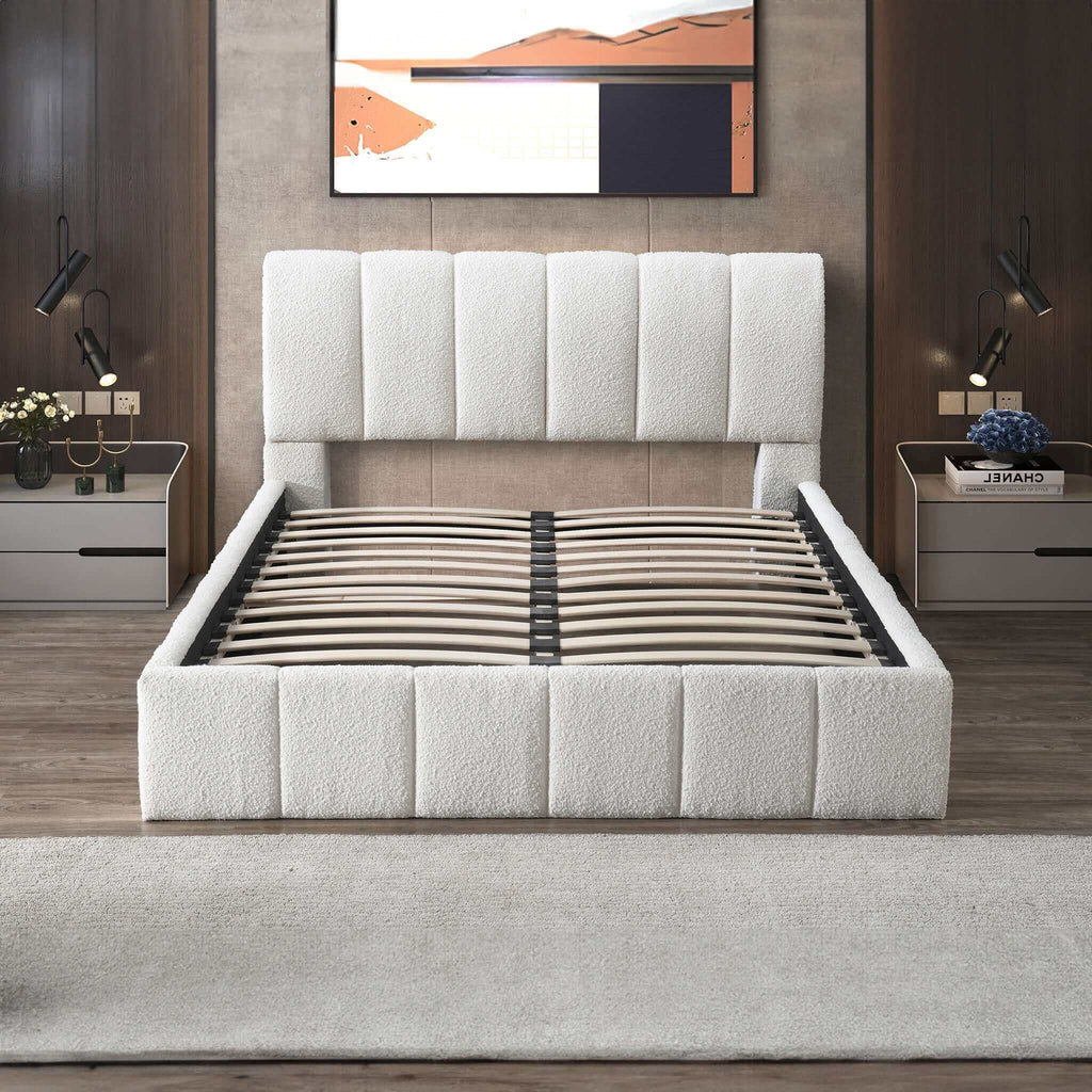 White Upholstered Platform Bed with Hydraulic Storage