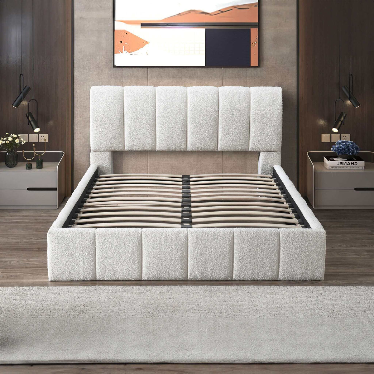 White Upholstered Platform Bed with Hydraulic Storage