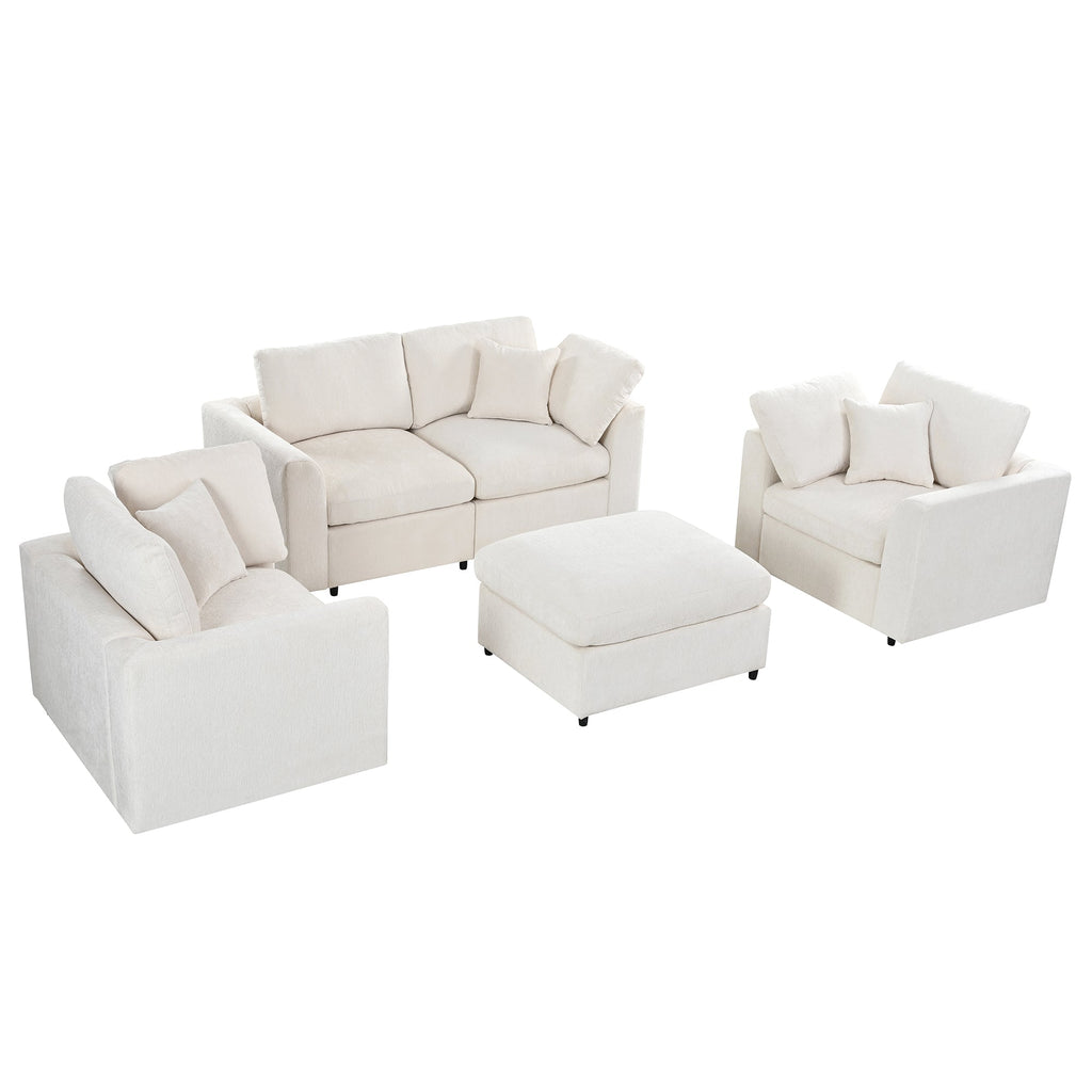 Chenille 4-Piece Sofa Set with Accent Chairs and Movable Ottoman - Grey