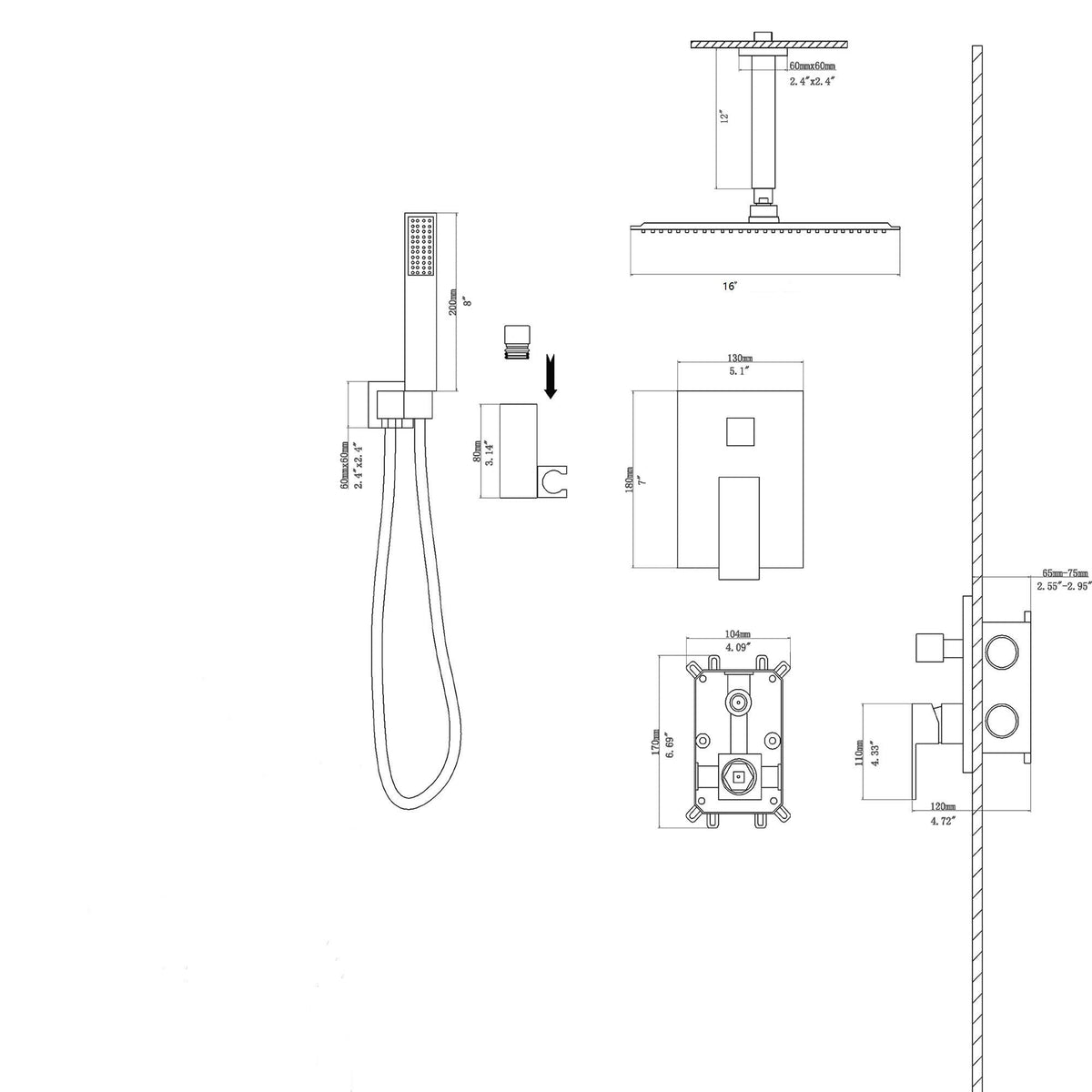 Modern Dual Shower Head System with 16" Ceiling Mount - Multiple Finishes