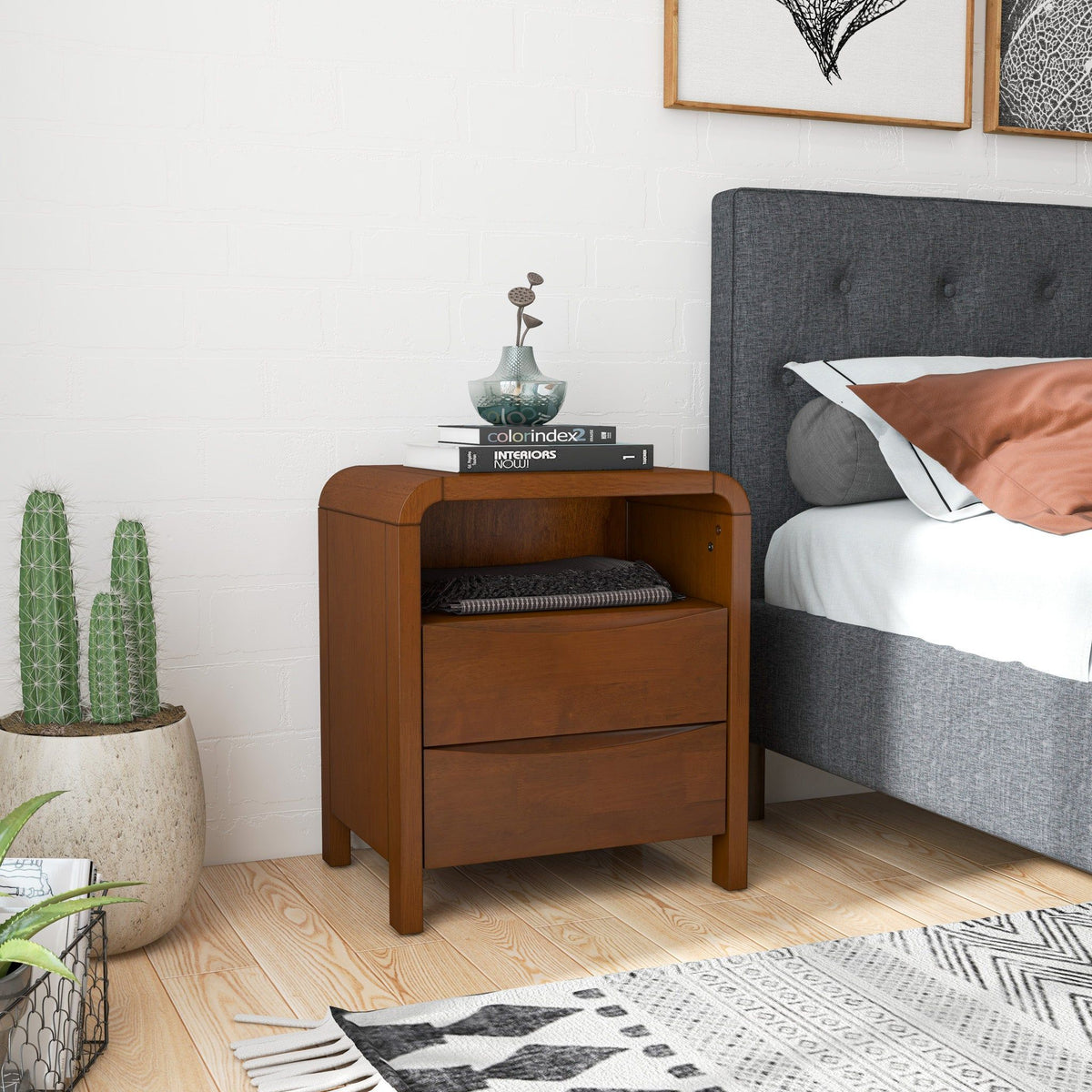 Brown 2-Drawer Nightstand with Solid Wood Construction