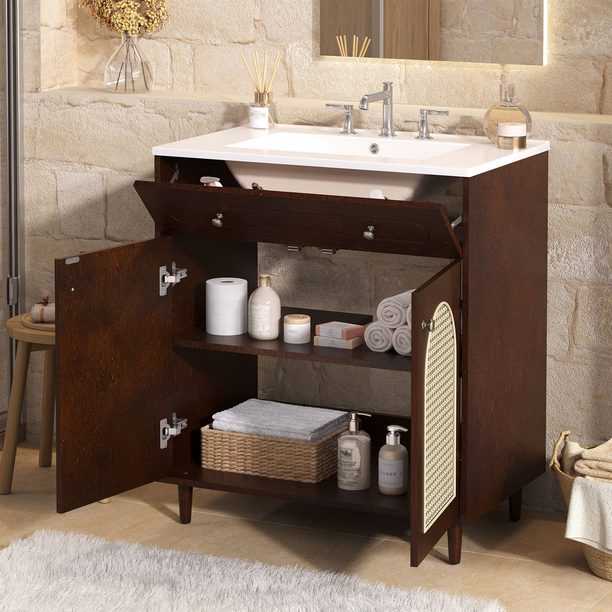 Modern Bathroom Vanity with Ceramic Sink and Adjustable Shelf - Dark Brown or White