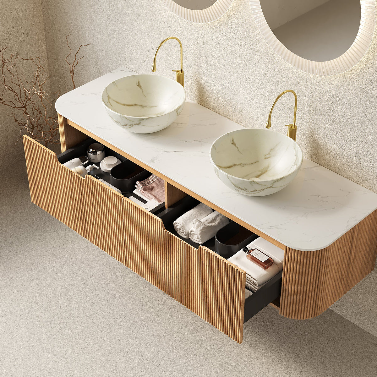 Dina 60" Bathroom Vanity with Sinks and Storage - Black, Carrara White, Stone White or Natural Wood, White