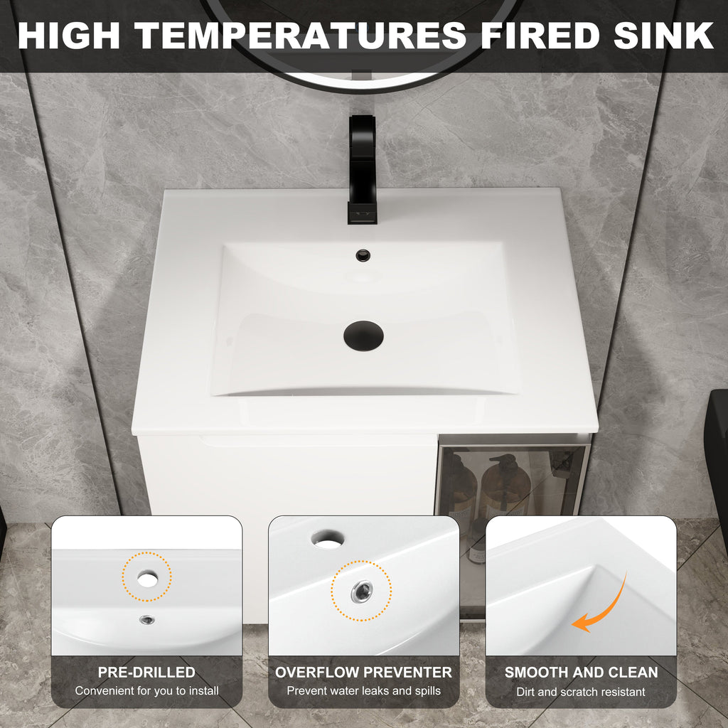 24" Wall-Mounted Bathroom Vanity with Ceramic Sink - Glossy White