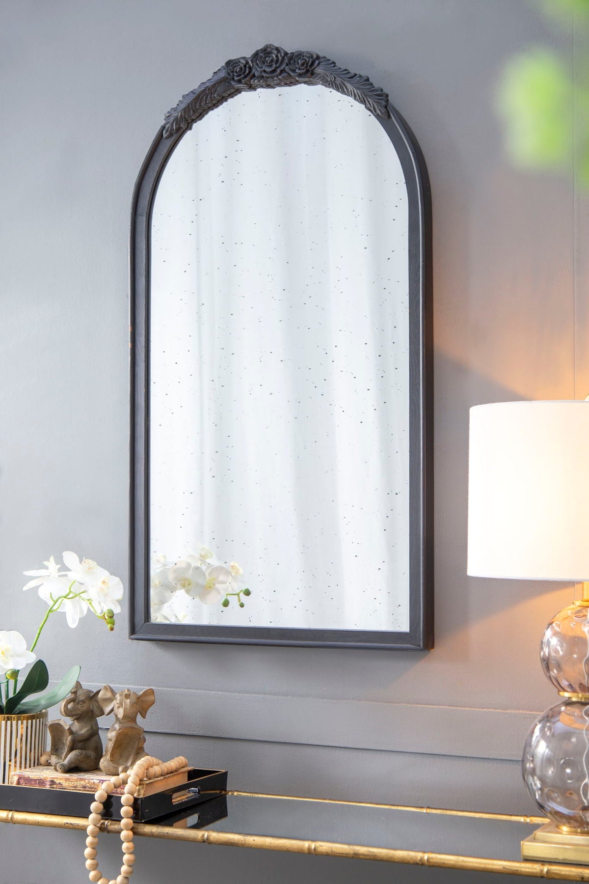 Hand Carved Rose Antique Arched Mirror Frame with Intricate Carvings - Black or Light Brown