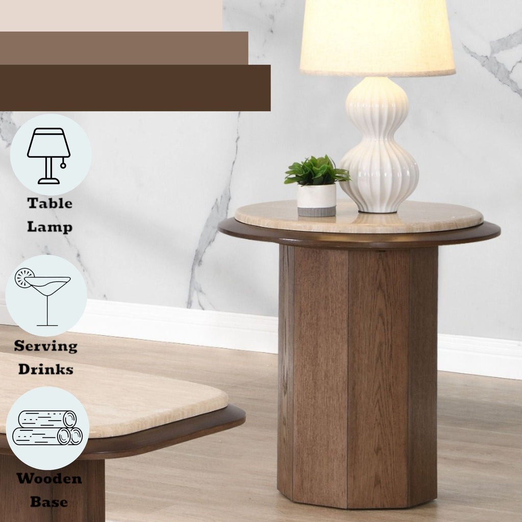 Walnut End Table with Travertine Top - Contemporary Design