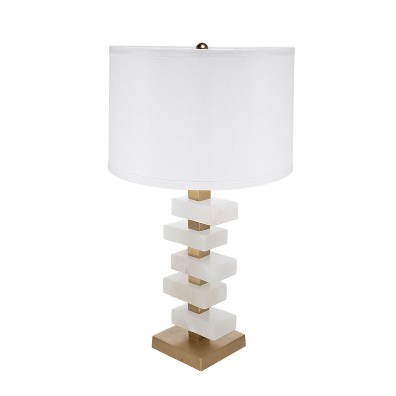 White and Gold Alabaster Table Lamp with Fabric Drum Shade - 15" W x 15" D x 26.7" H