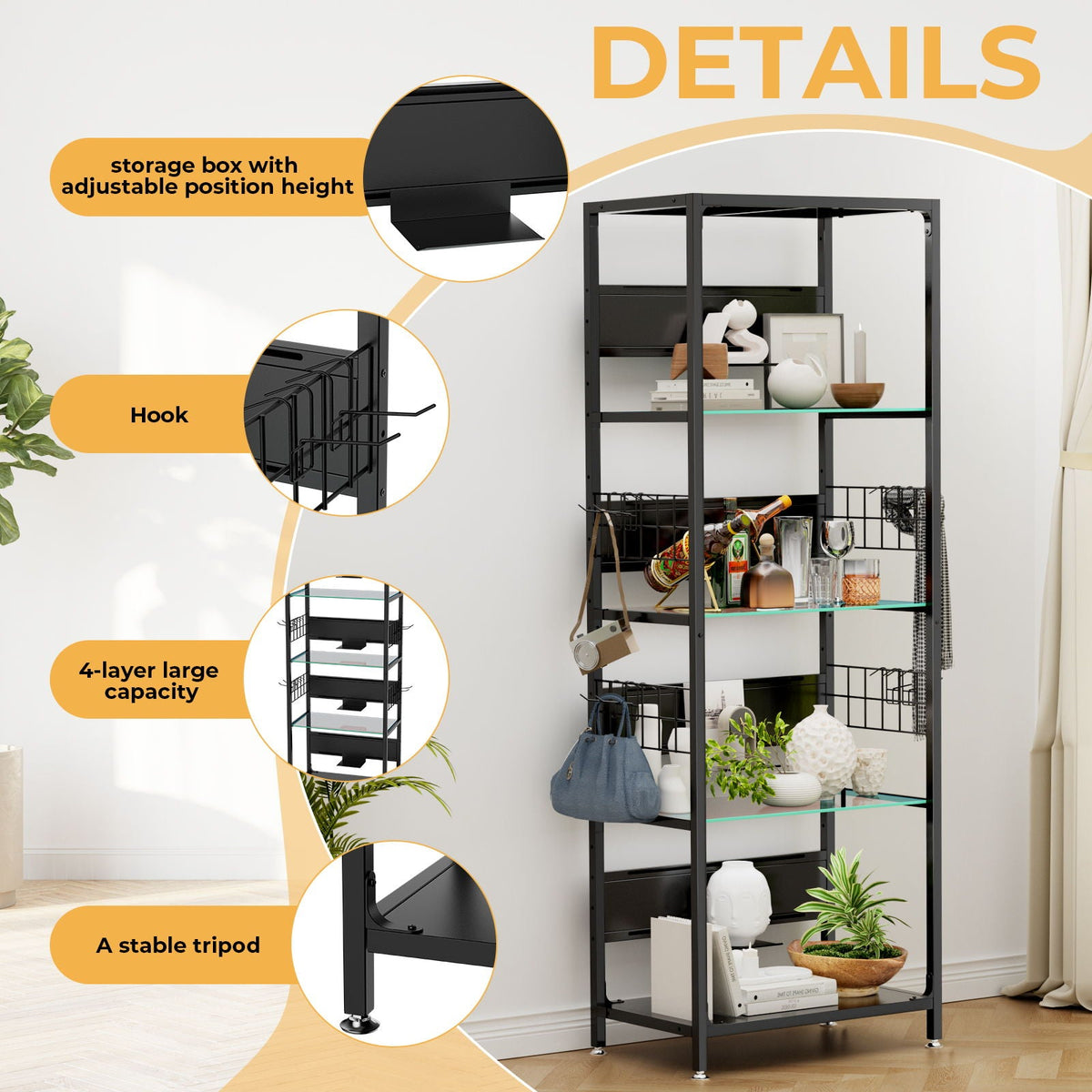 4 Tier Display Shelf With RGB Lights and Adjustable Storage - Black