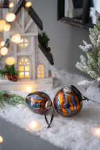 Blue Glass Christmas Ball Ornaments Set of 6 with Brass Accents