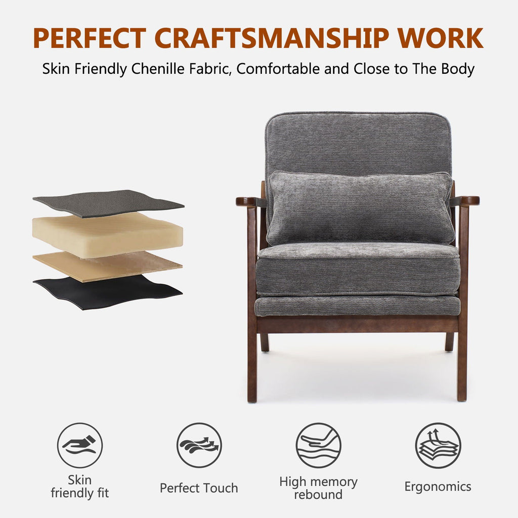 Living Room Chair with Lumbar Pillow and Solid Wood Frame - Dark Gray, Dark Green, Beige