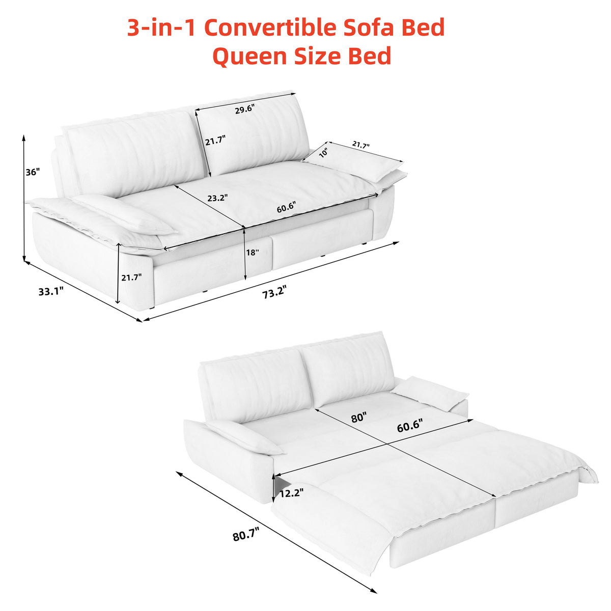 Grey Velvet Queen Pull Out Sofa Bed with 3-in-1 Convertible Design