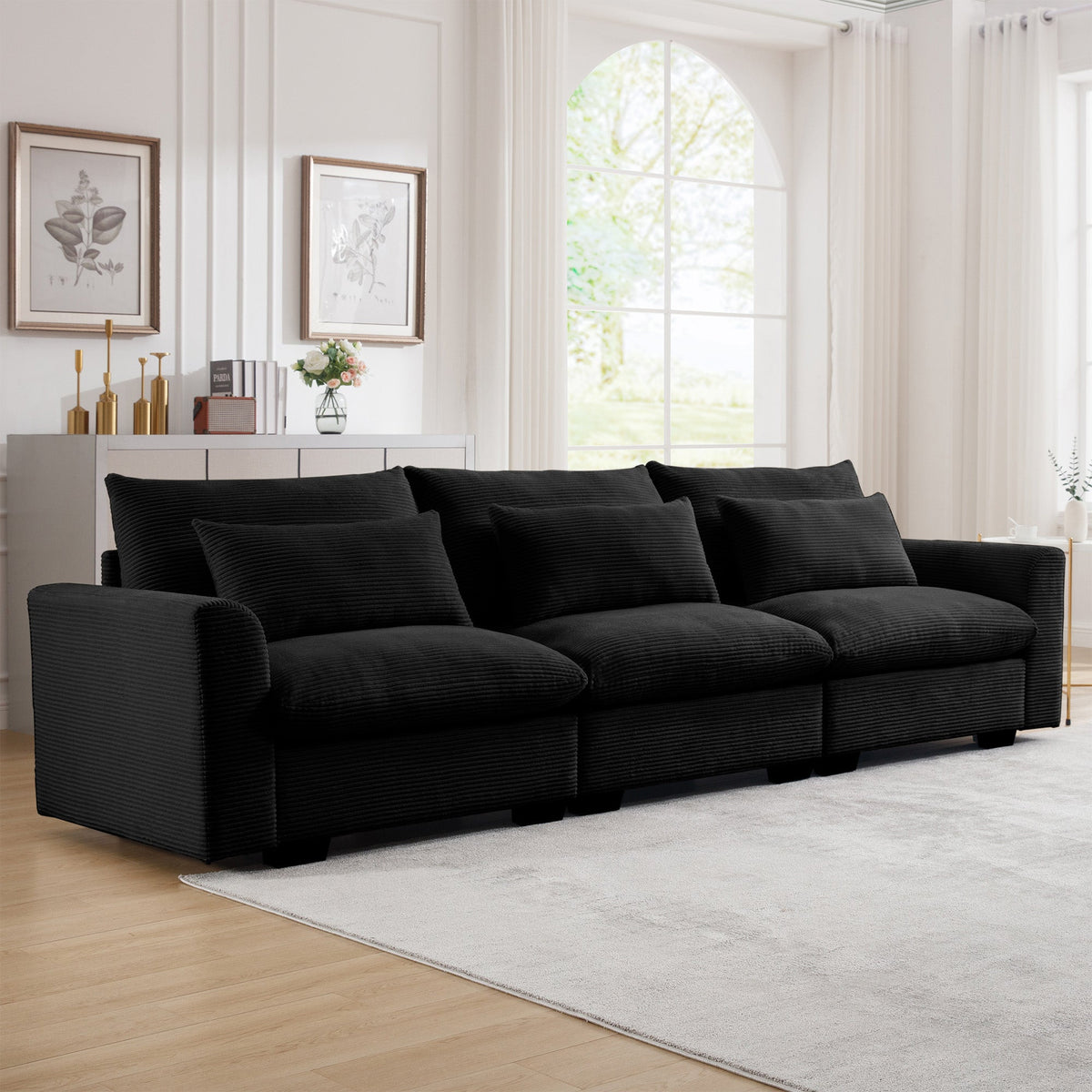 3 Seater Deep Seat Couch for Living Room with Corduroy Upholstery - Black, Beige, or Green